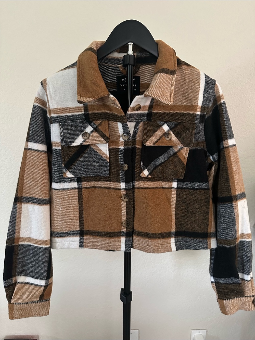 Ashley By 26 International Brown Cream & Black Plaid Cropped Jacket size Small
